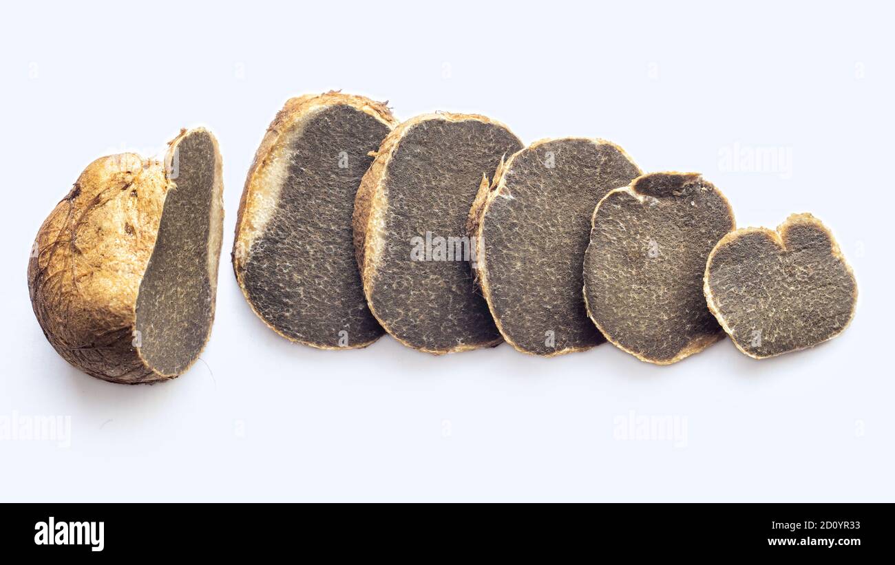 Sliced Melanogaster broomeanus is an inedible mushroom look like a truffle. Isolated on white