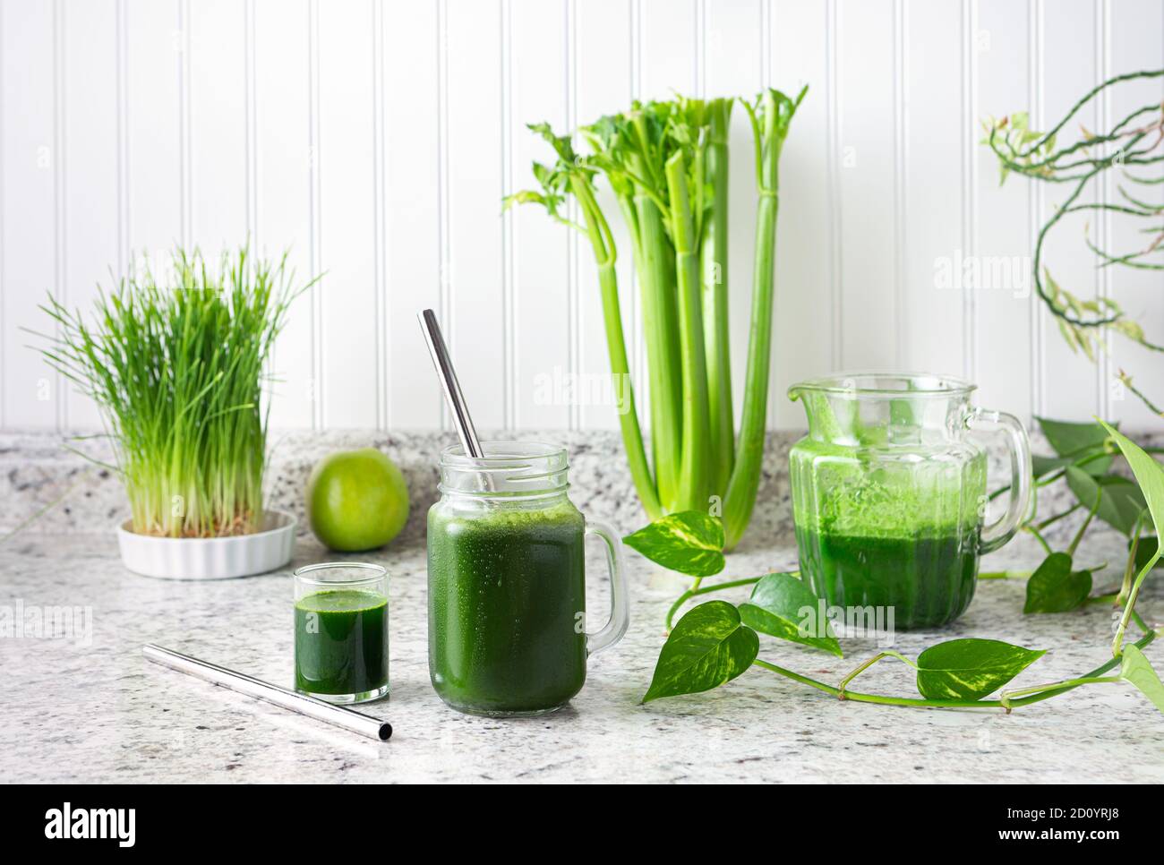 Concept of fresh, immune boosting green juice and raw vegetables Stock Photo