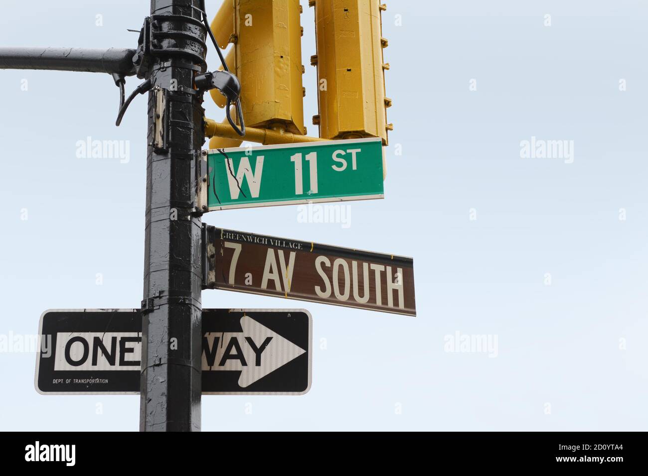 Street signs on the corner of 7th Ave South and West 11th Street in Greenwich Village, New York City; copy space on blue sky Stock Photo