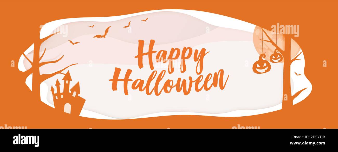 Horizontal vector orange website banner background with Happy Halloween word layer border, bat, pumpkin Stock Vector