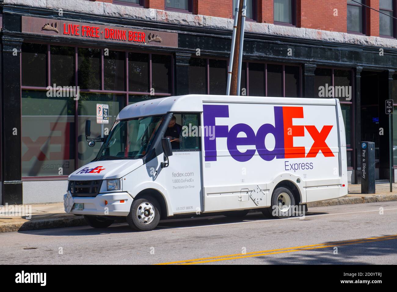 FedEx truck on Elm Street in downtown Manchester, New Hampshire NH, USA