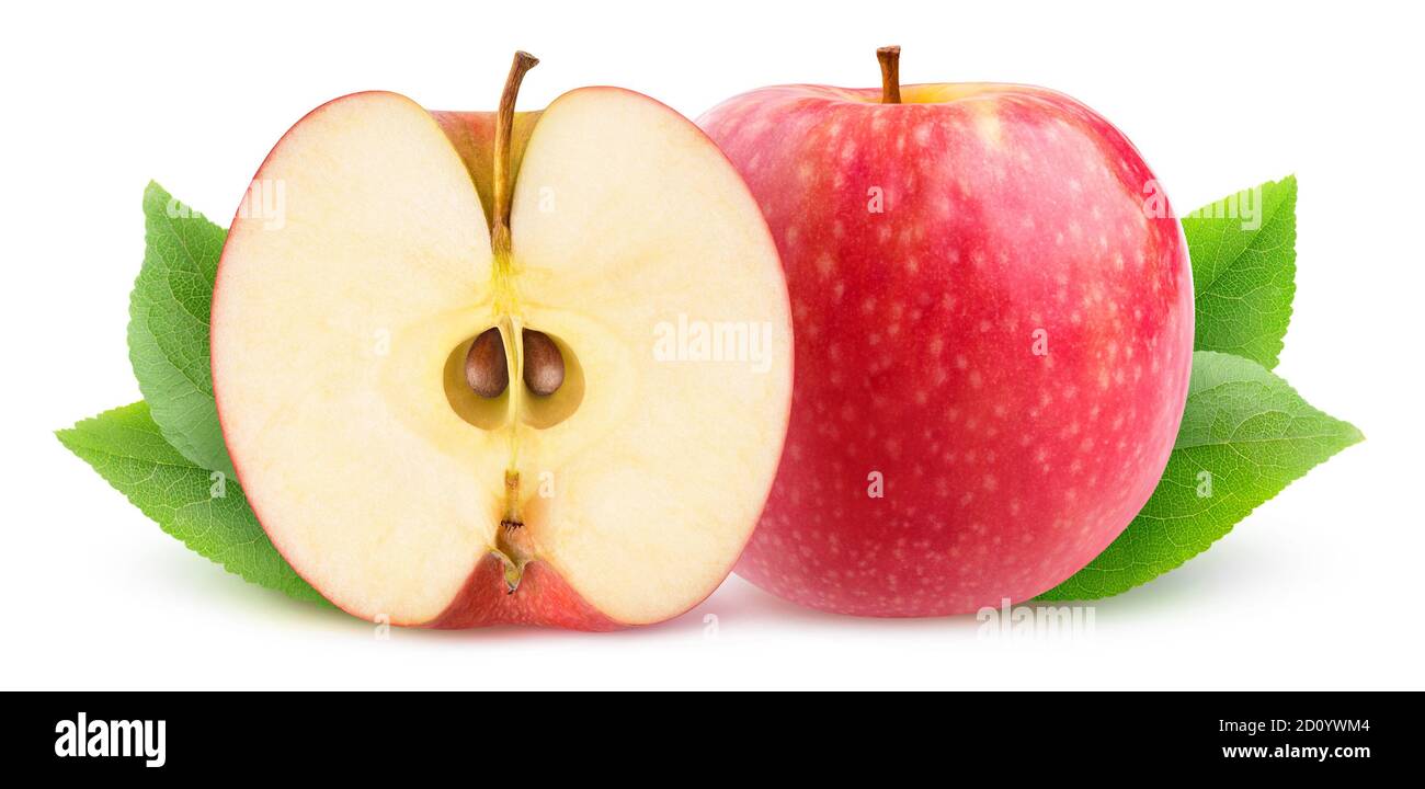 One whole red apple and a half with seeds and leaves isolated on white background Stock Photo
