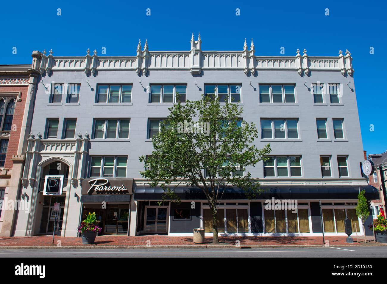 Historic commercial buildings on Elm Street at Stark Street in downtown