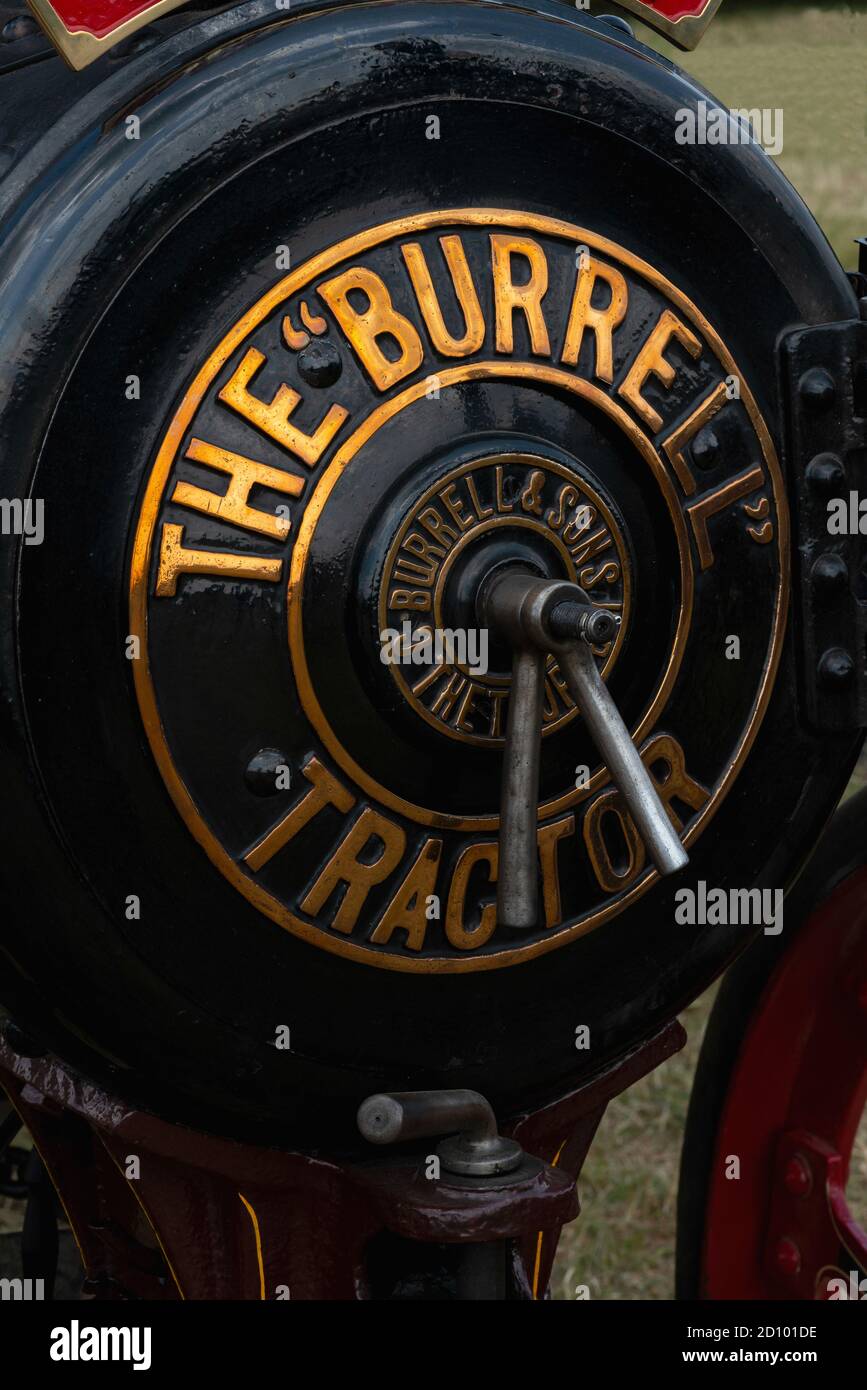 The manufacturer’s name gleams on the smoke box door of ‘Jayne Eyre’, the lovingly-restored Burrell 4 Nominal Horsepower (nhp) Gold Medal Steam Tractor No. 3626, on show at the 50th Anniversary Woodcote Steam & Vintage Transport Rally in July 2013 at Woodcote, Oxfordshire, England, UK.  ‘Jayne Eyre’ was built in 1914 at the Chas. Burrell & Sons works at Thetford, Norfolk, and is now owned by the Hawthorne family of steam enthusiasts of Moulsford, Oxfordshire. Stock Photo