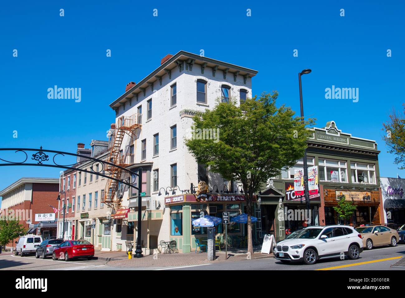 Historic commercial buildings on Elm Street at Stark Street in downtown