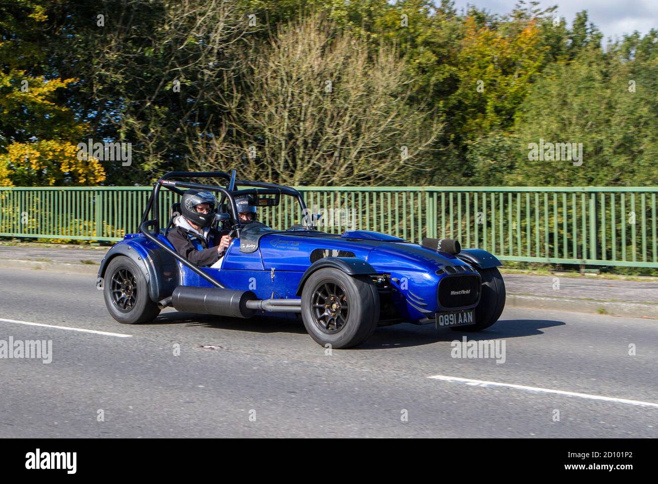 Q891AAN home build blue Westfield sports kit car with Mazda RX8 rotary powered engine driving near Chorley in Lancashire, UK Stock Photo