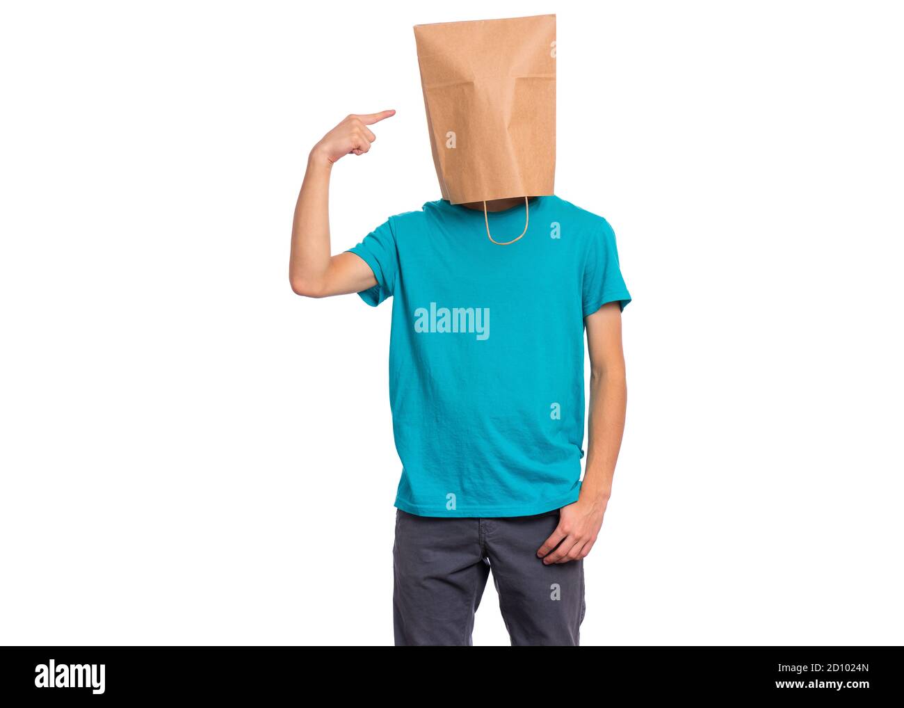 Boy with paper bag over head Stock Photo