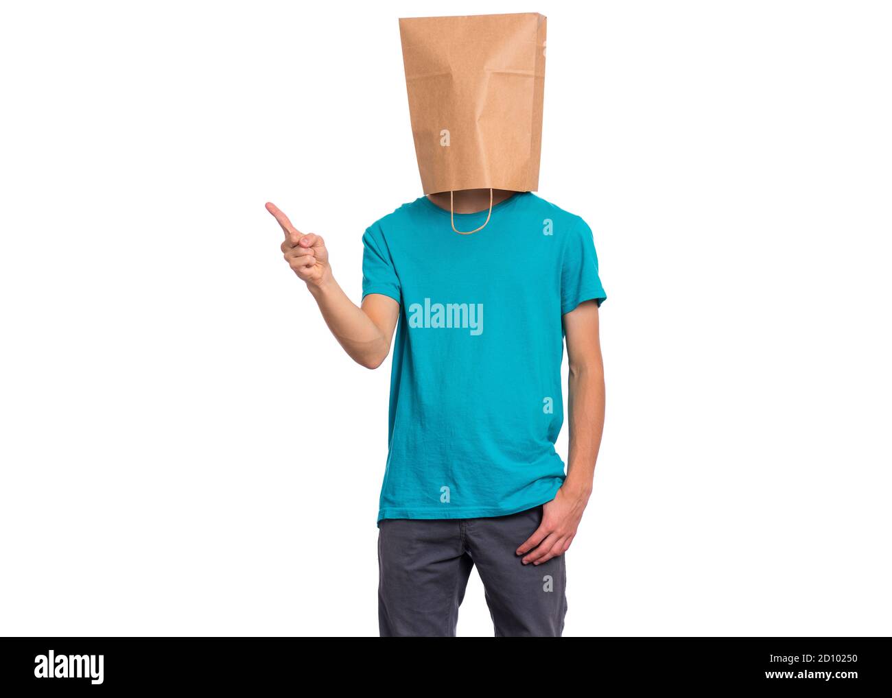 Boy with paper bag over head Stock Photo