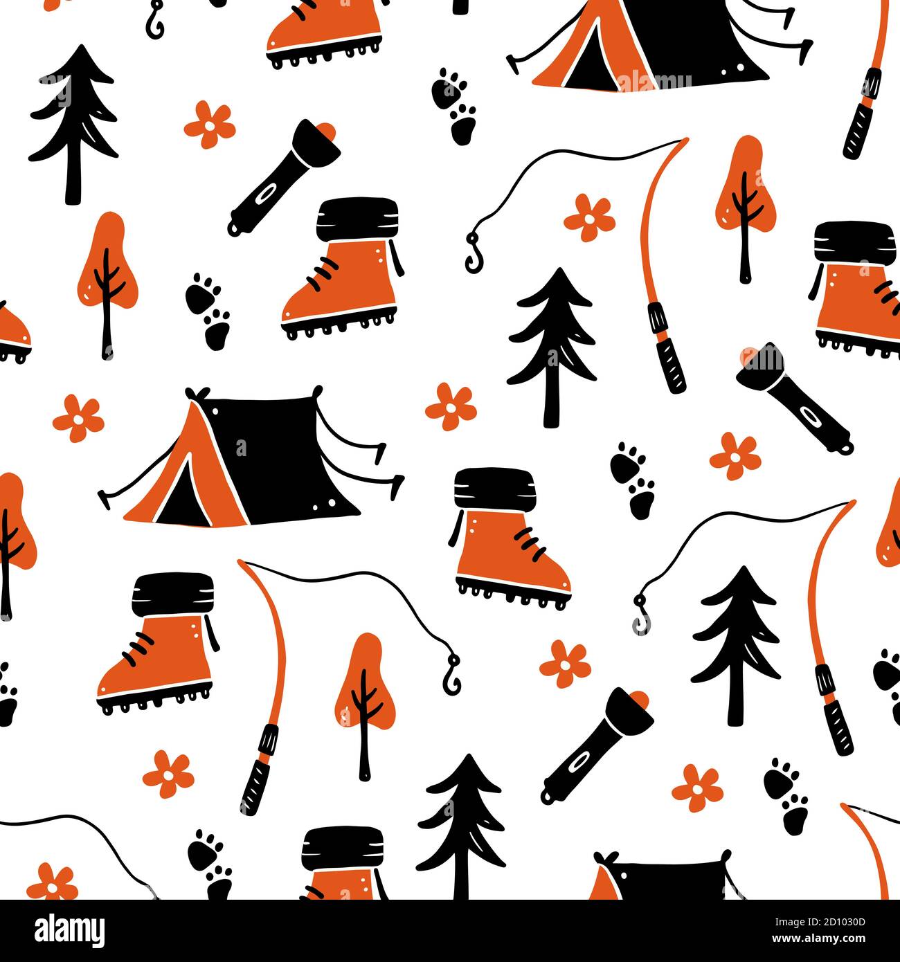 Set of hand drawn seamless pattern tourism and camping equipment ...