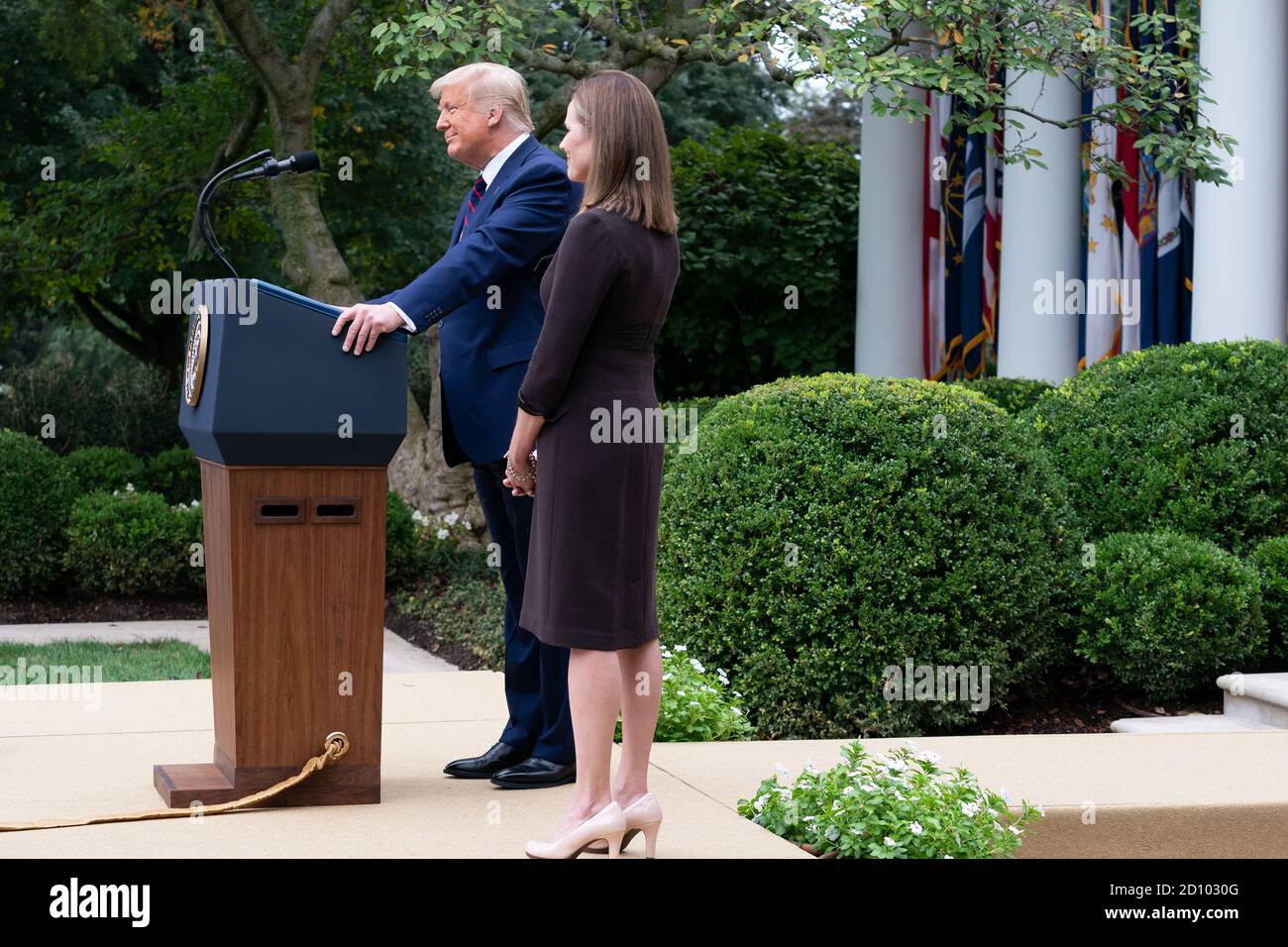 President Trump Nominates Judge Amy Coney Barrett for Associate Justice of the U.S. Supreme Court. This is the event that some believe is a  super spreader gathering where the president acquired or  spread COVID 19 to multiple attendees. President Donald J. Trump listens as Judge Amy Coney Barrett, his nominee for Associate Justice of the Supreme Court of the United States, addresses her remarks Saturday, September 26, 2020, in the Rose Garden of the White House. Stock Photo