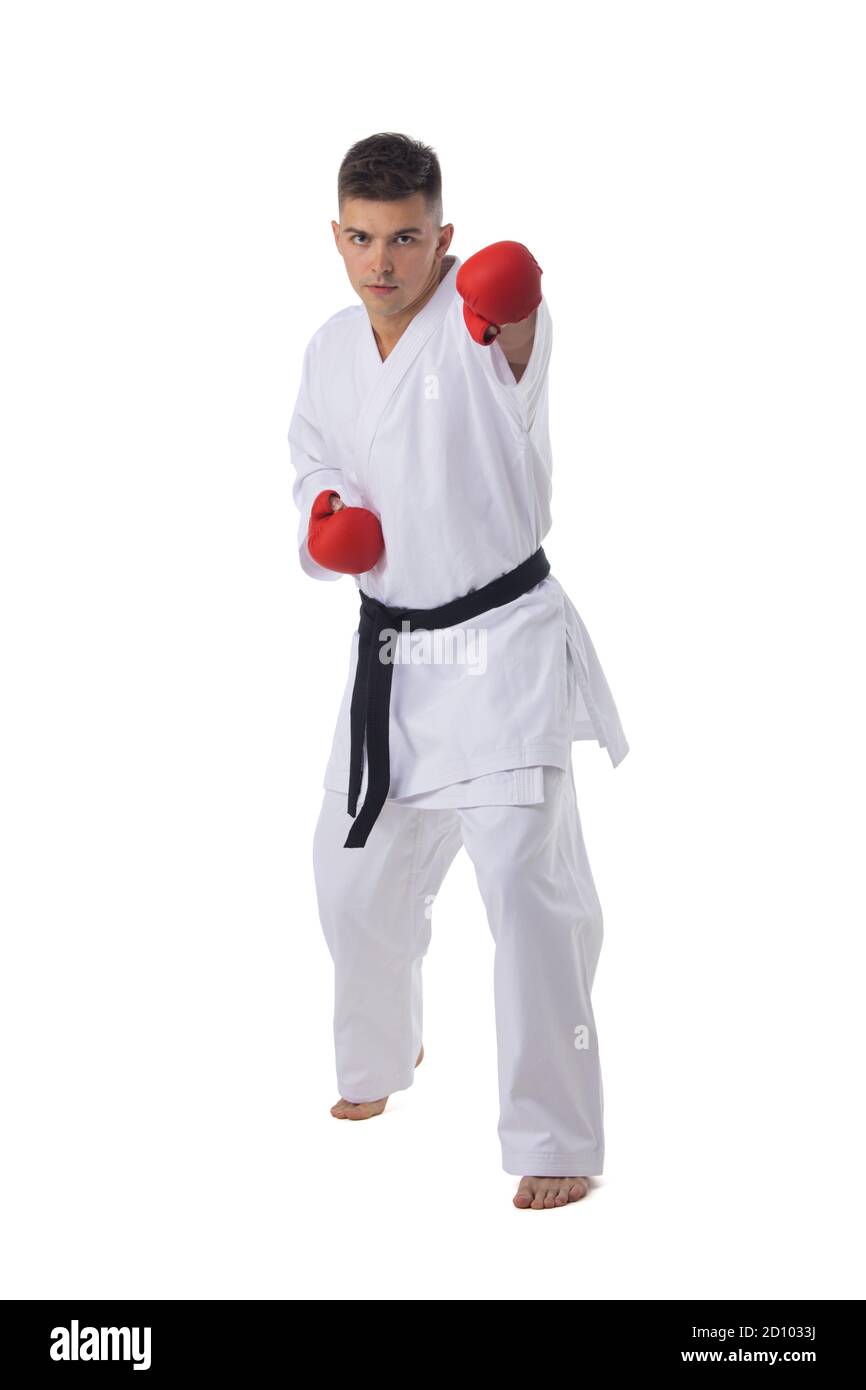 Man fighter training taekwondo isolated on white background Stock Photo
