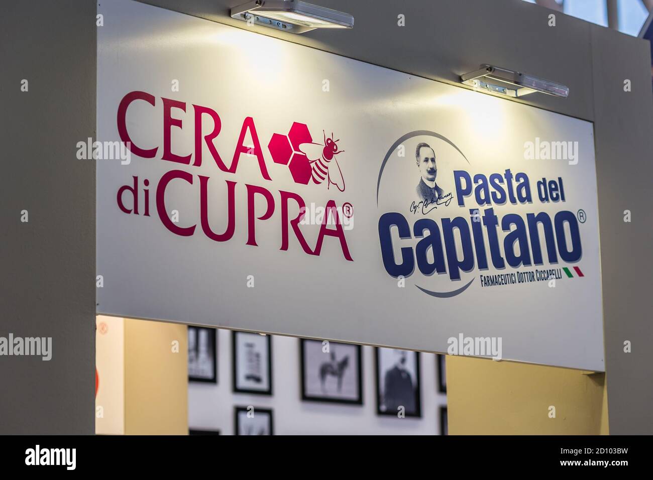 BOLOGNA (BO), ITALY - MARCH 14, 2019: light is enlightening CERA DI CUPRA and PASTA DEL CAPITANO brand logos at COSMOPROF, trade show of the beauty in Stock Photo