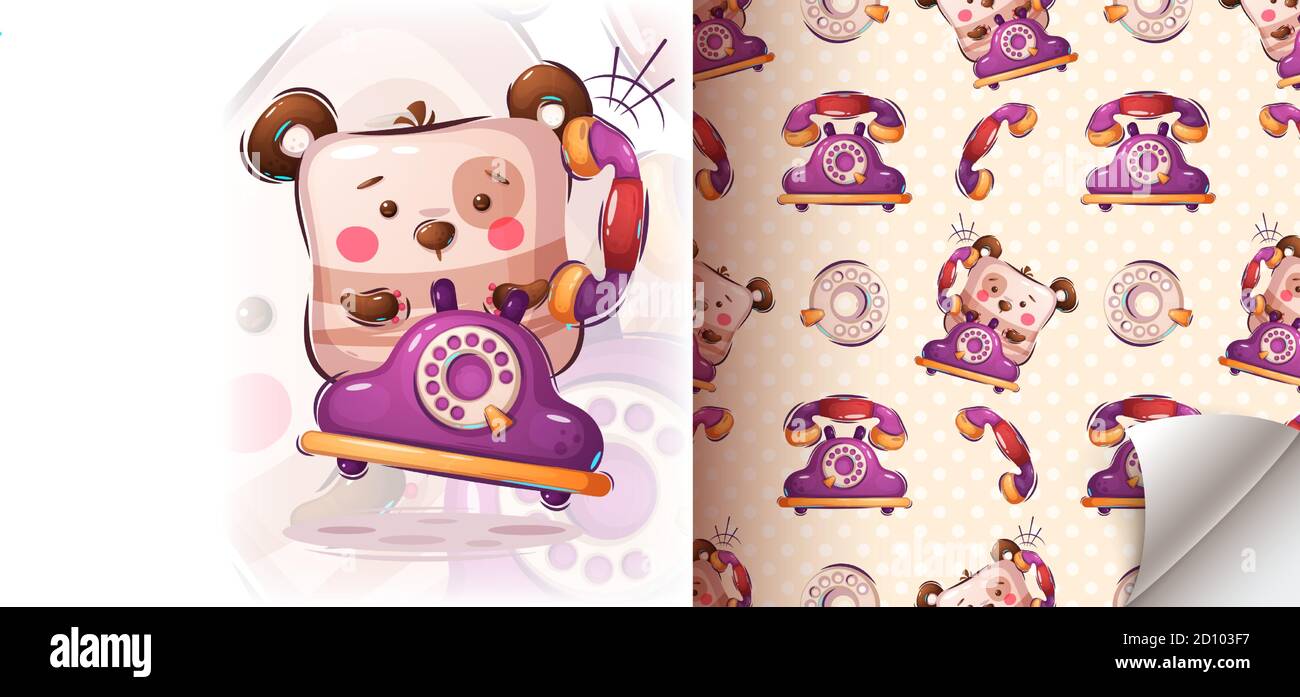 Teddy bear calls on the old phone - seamless pattern Stock Vector