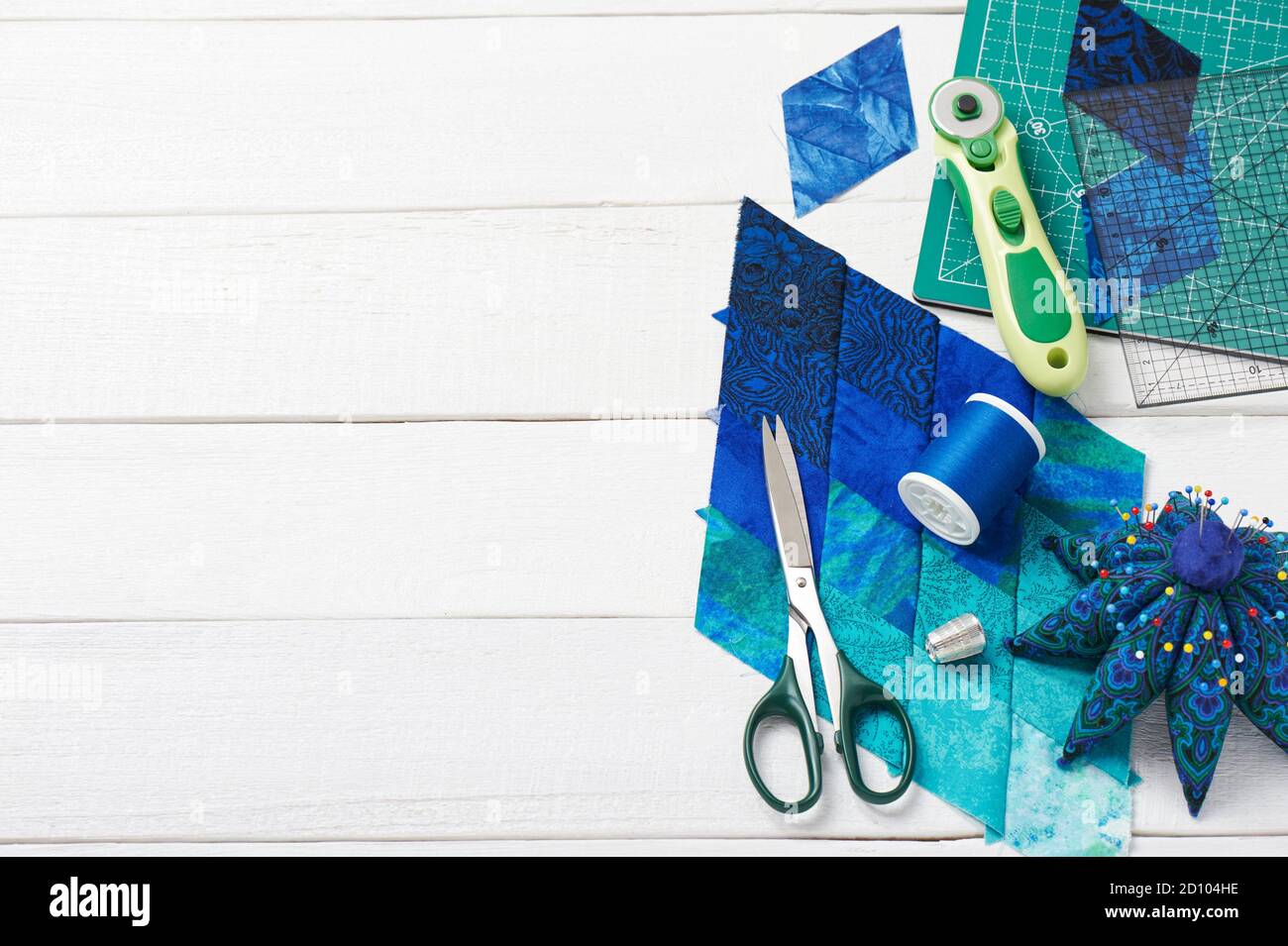 Patch Work Accessory Accessories for patchwork top view on a white wooden surface Stock ...