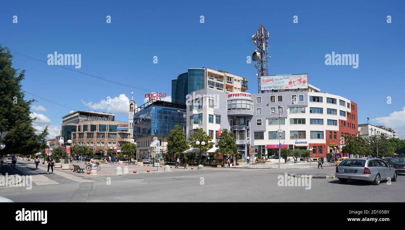 Shkodra, Albania. 15th June, 2020. The hotels Colosseo (l) and Chicago (M)  at the entrance to