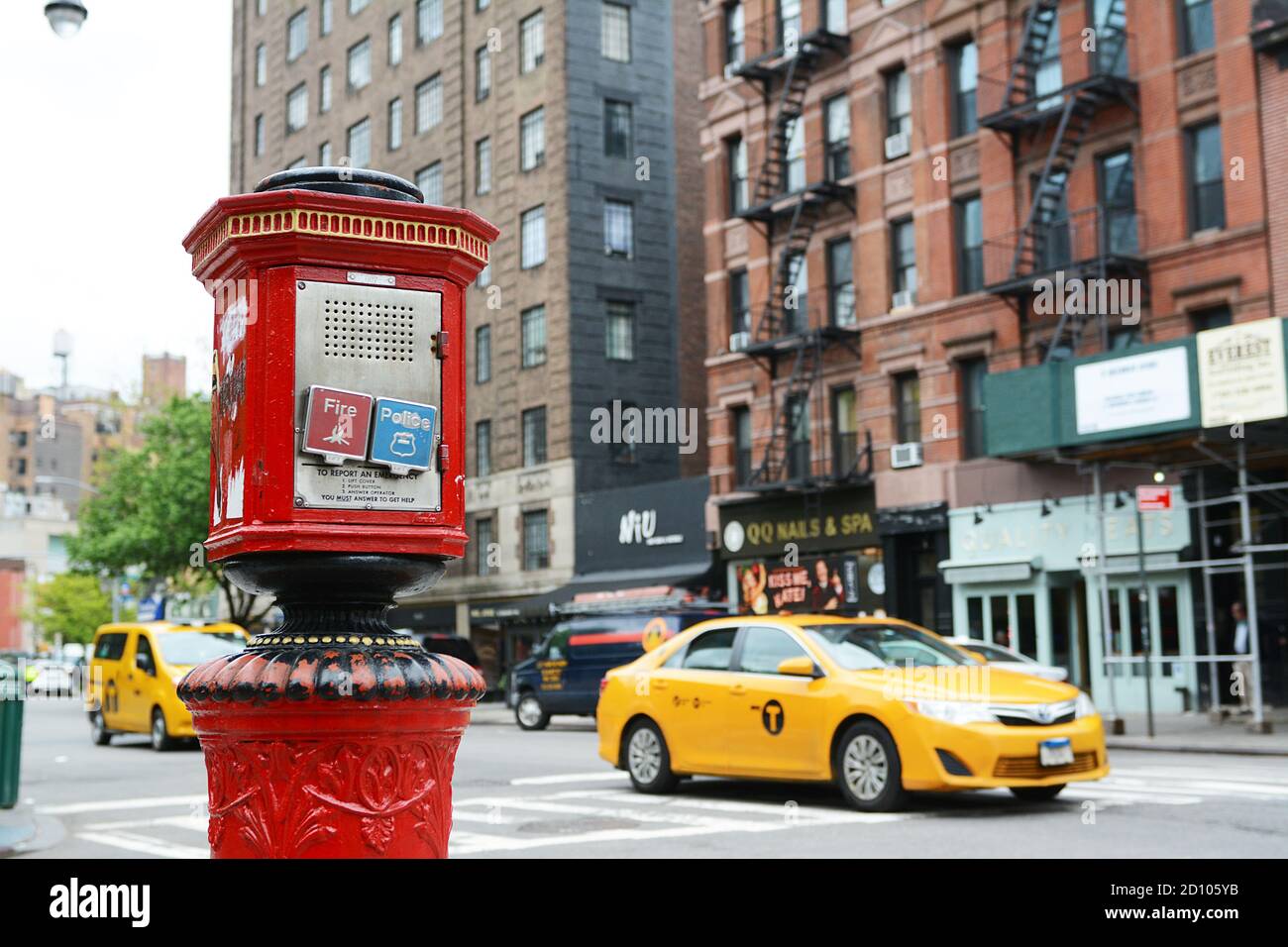 NEW YORK, USA - MAY 10, 2019: Detail of fire alarm pull box on the corner of Greenwich Avenue and West 10th Street in New York City on May 10, 2019. Y Stock Photo