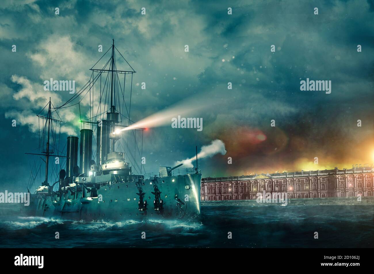 October revolution 1917 in st. petersburg aurora fires a shot in the background of the winter palace - Illustration Stock Photo