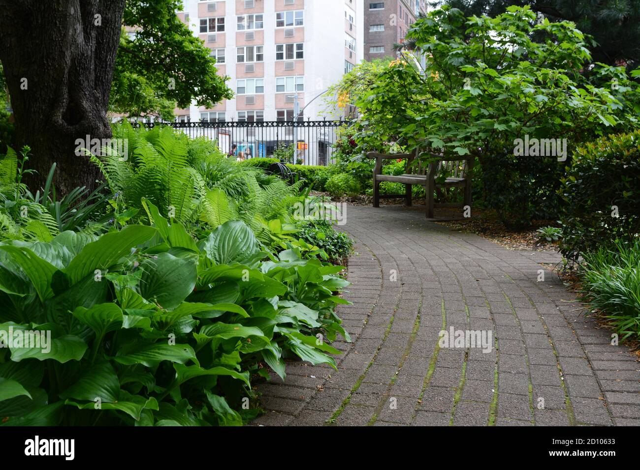 NEW YORK, USA - MAY 10, 2019: Pathway in Jefferson Market Garden, New York on May 10, 2019. Lush ferns, hostas and shrubbery grown in the urban garden Stock Photo