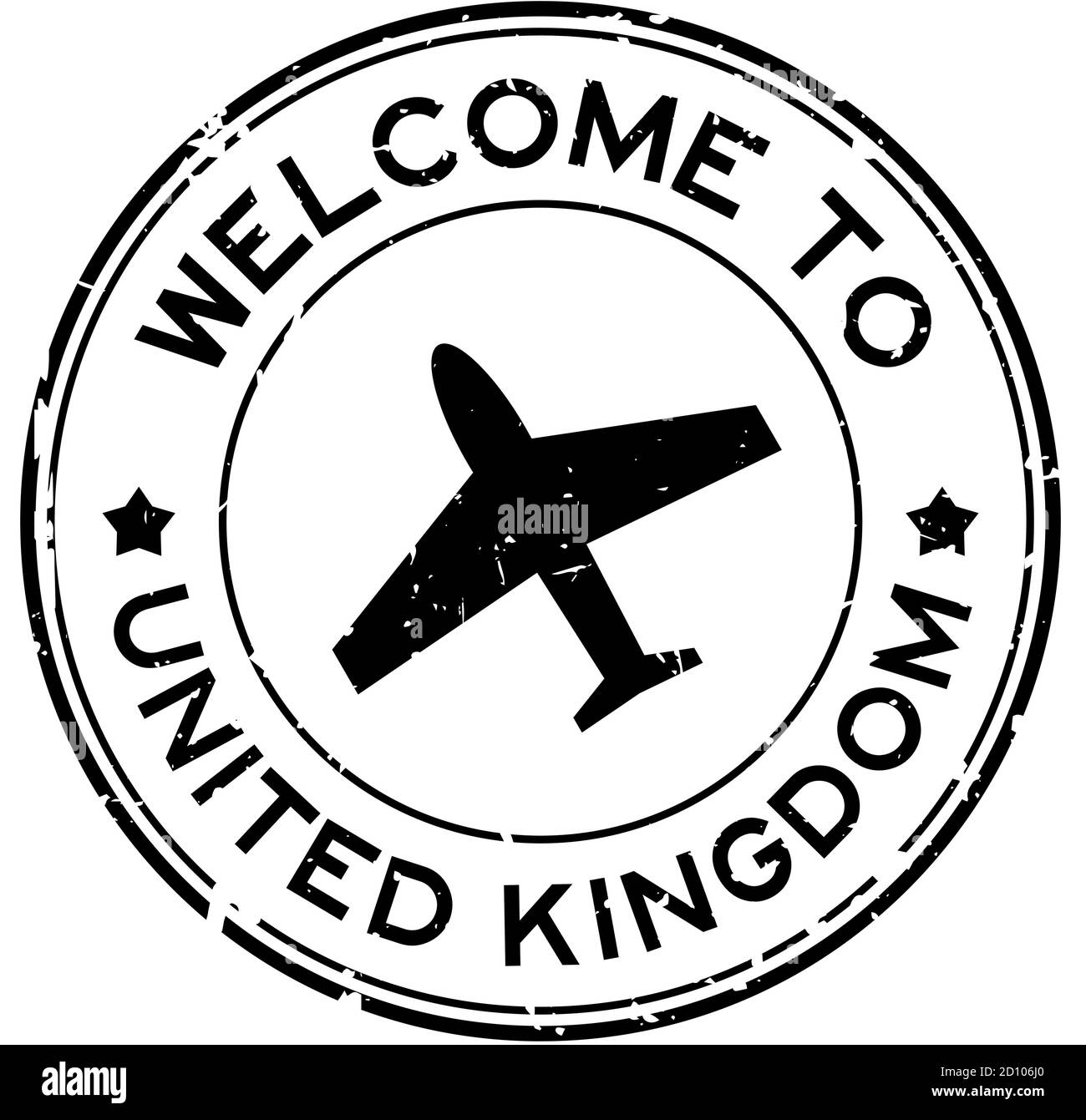 Grunge black welcome to United Kingom word with airplane icon round rubber seal stamp on white background Stock Vector