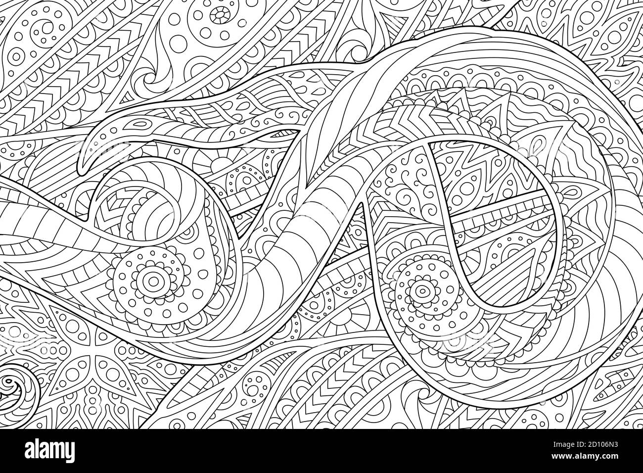 Beautiful coloring book page with monochrome waving abstract pattern