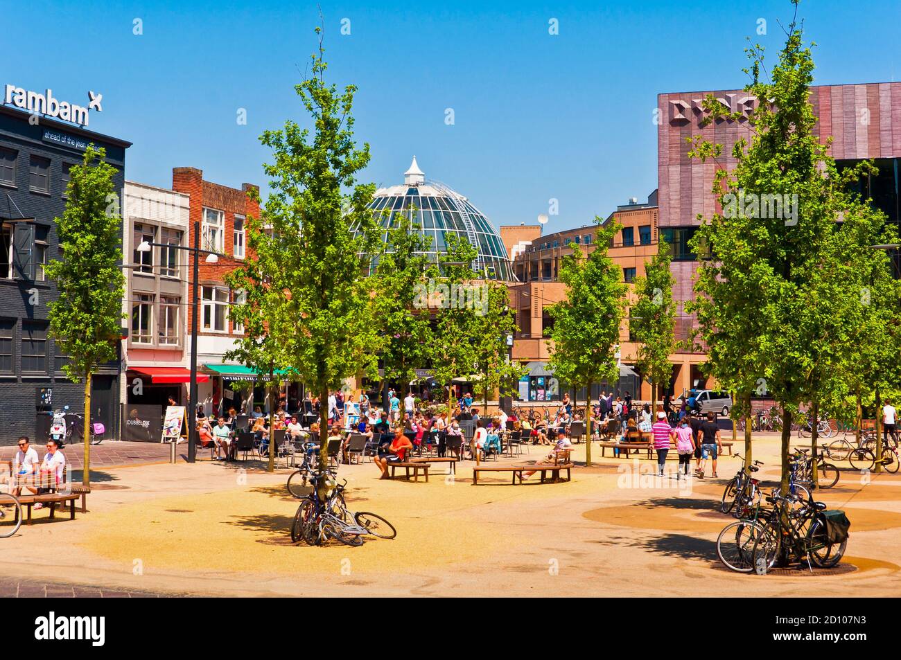 EINDHOVEN, THE NETHERLANDS - JUNE 8, 2013: Eindhoven City Center on a beautiful summer day. Dutch people enjoying a weekend in public squares. Stock Photo