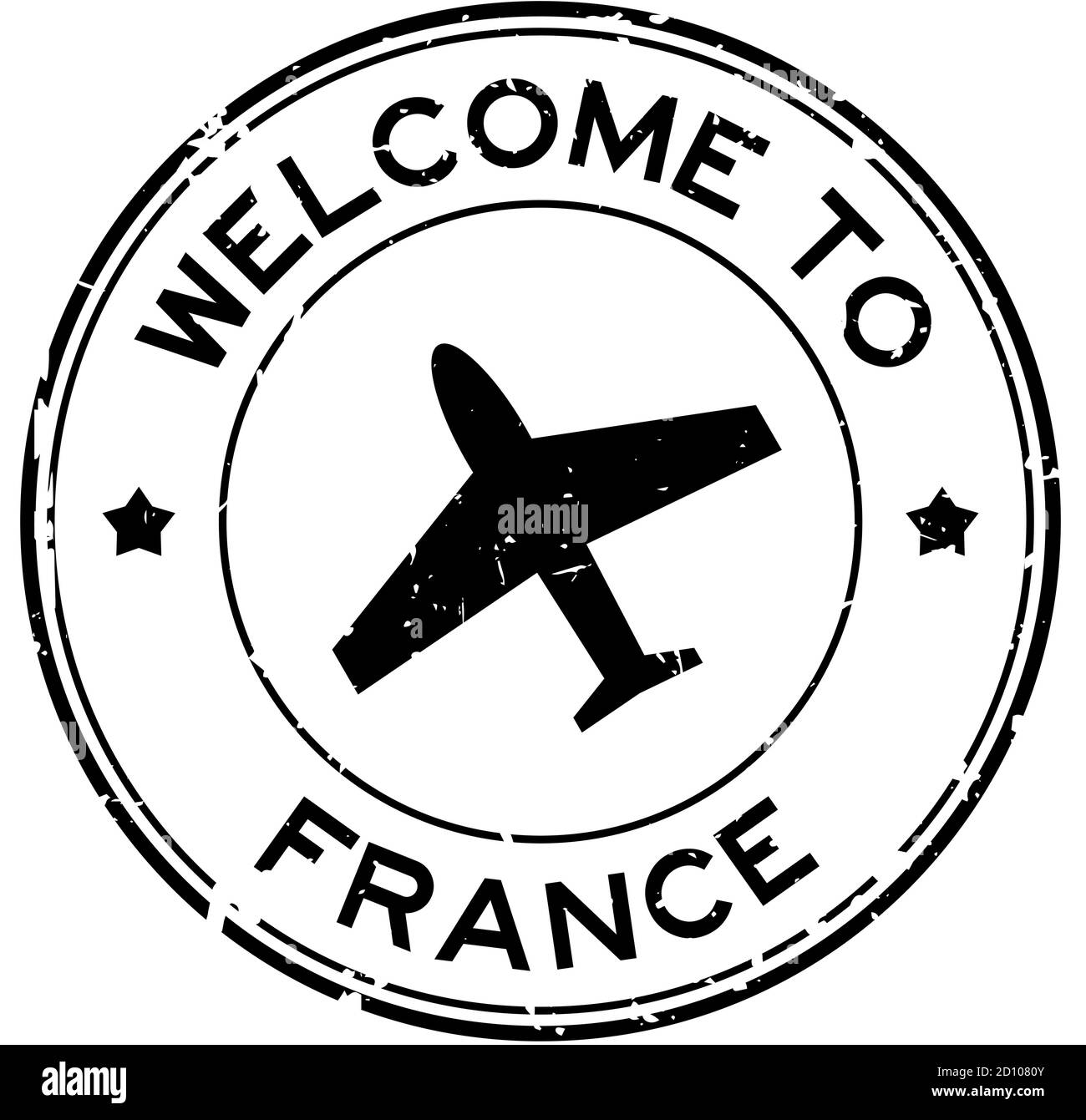 Grunge black welcome to France word with airplane icon round rubber seal stamp on white background Stock Vector