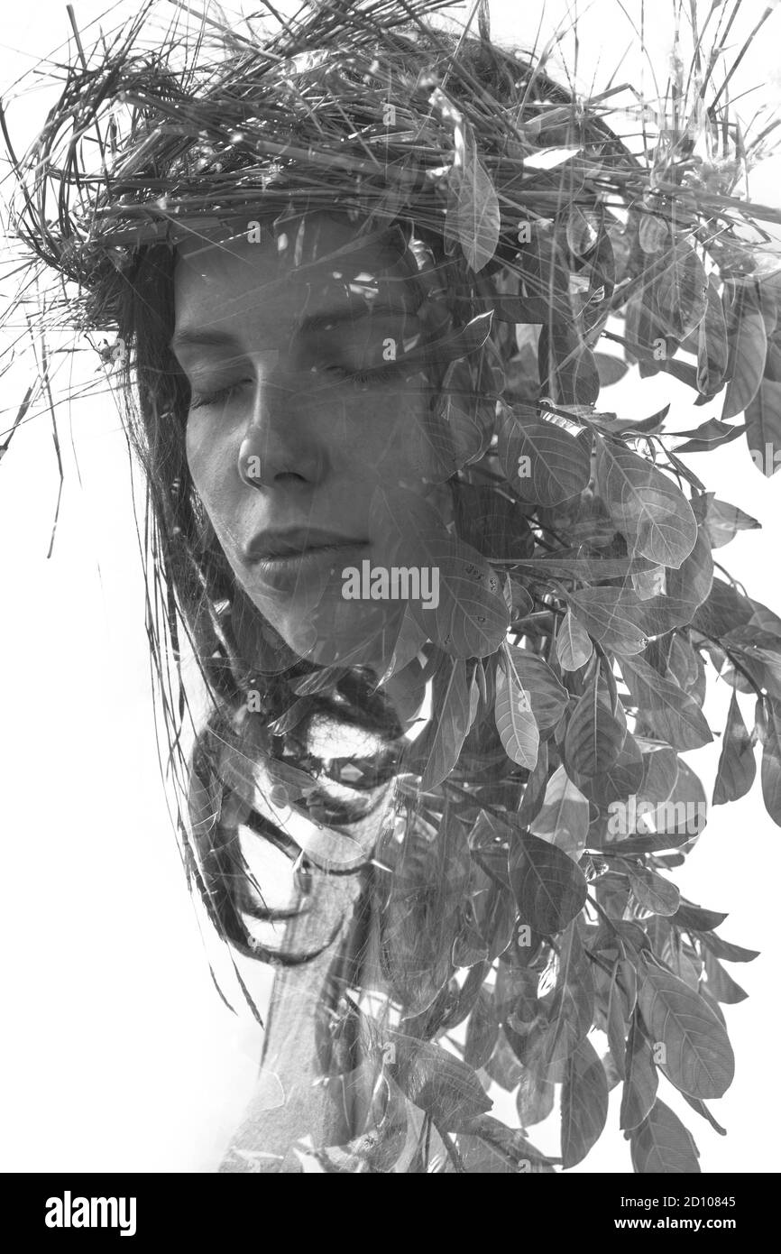 Young woman double exposure portrait with leaves Stock Photo - Alamy