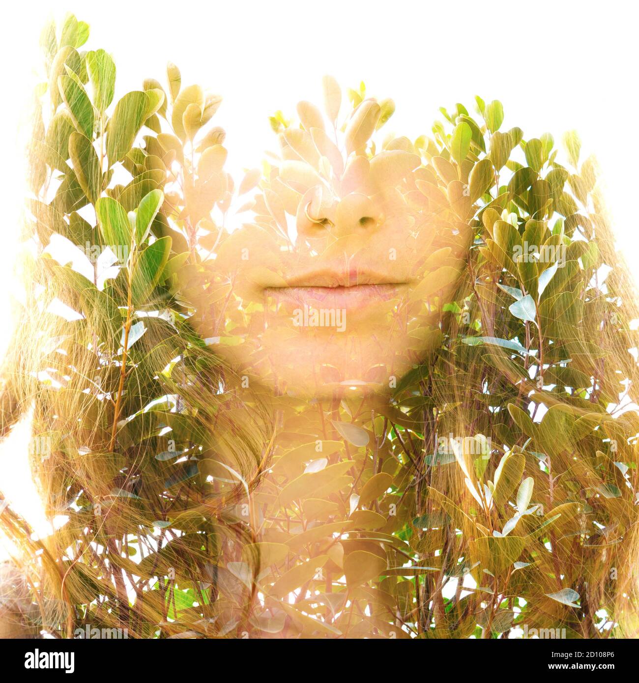 Young woman double exposure portrait with leaves Stock Photo - Alamy