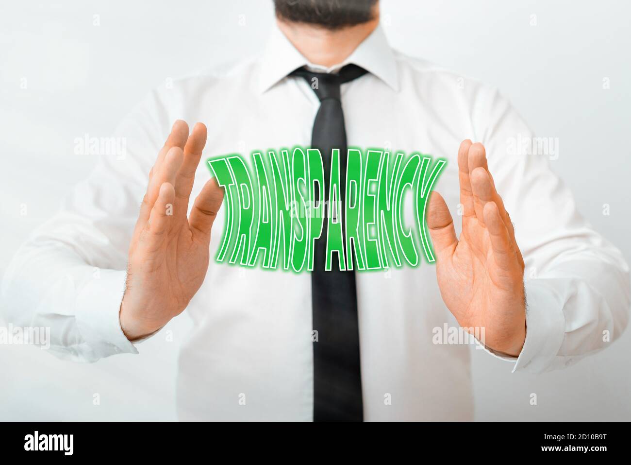 Writing note showing Transparency. Business concept for something transparent especially a picture viewed by light Model with pointing hand finger sym Stock Photo