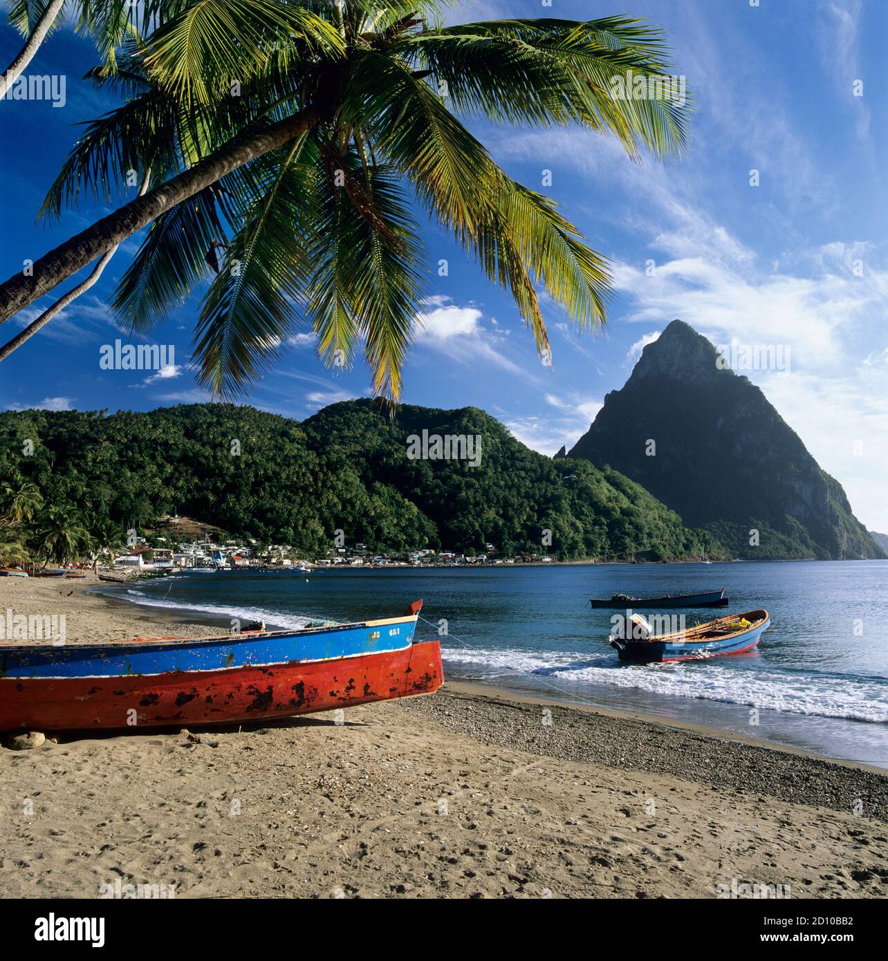 The Pitons viewed from the beach at Soufriere on Caribbean island of