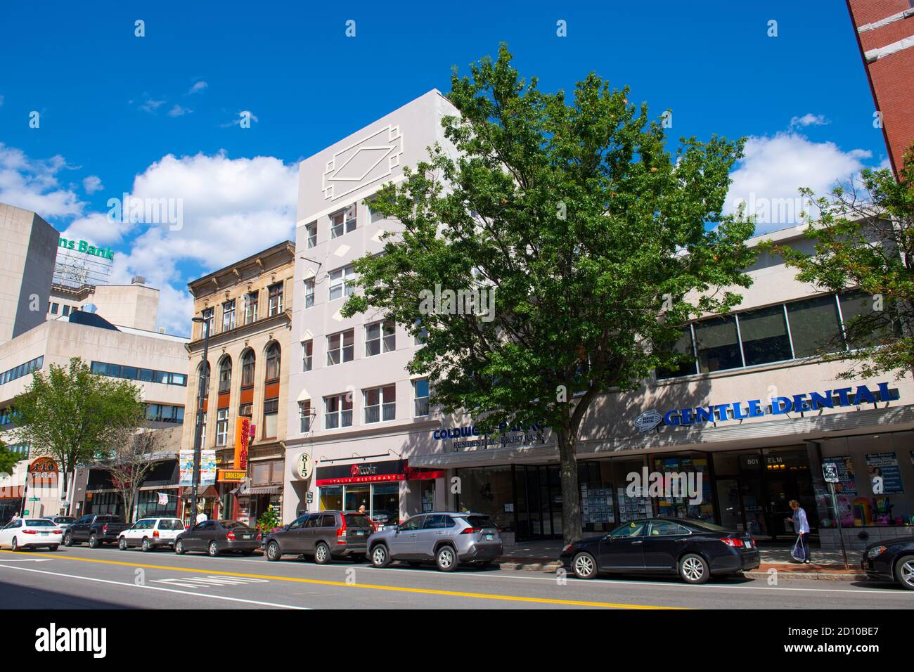 Historic commercial buildings on Elm Street at Manchester Street in downtown Manchester, New