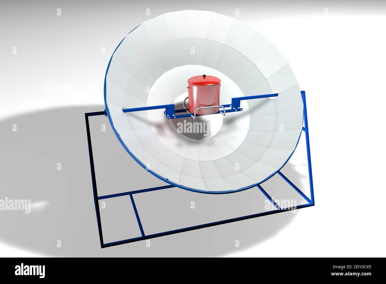 Parabolic solar cooker model with blue structure with a red pot on a white background. 3D Illustration Stock Photo