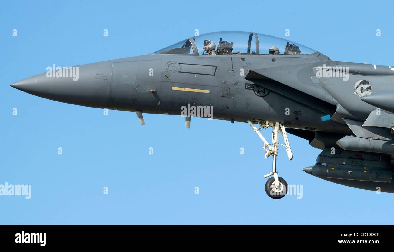 F-15E Strike Eagle form 492nd "Mad Hatters" squadron approach to land at RAF Lakenheath Stock Photo
