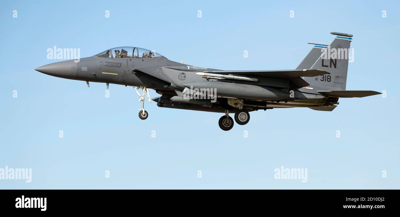 F-15E Strike Eagle form 492nd 'Mad Hatters' squadron approach to land at RAF Lakenheath Stock Photo