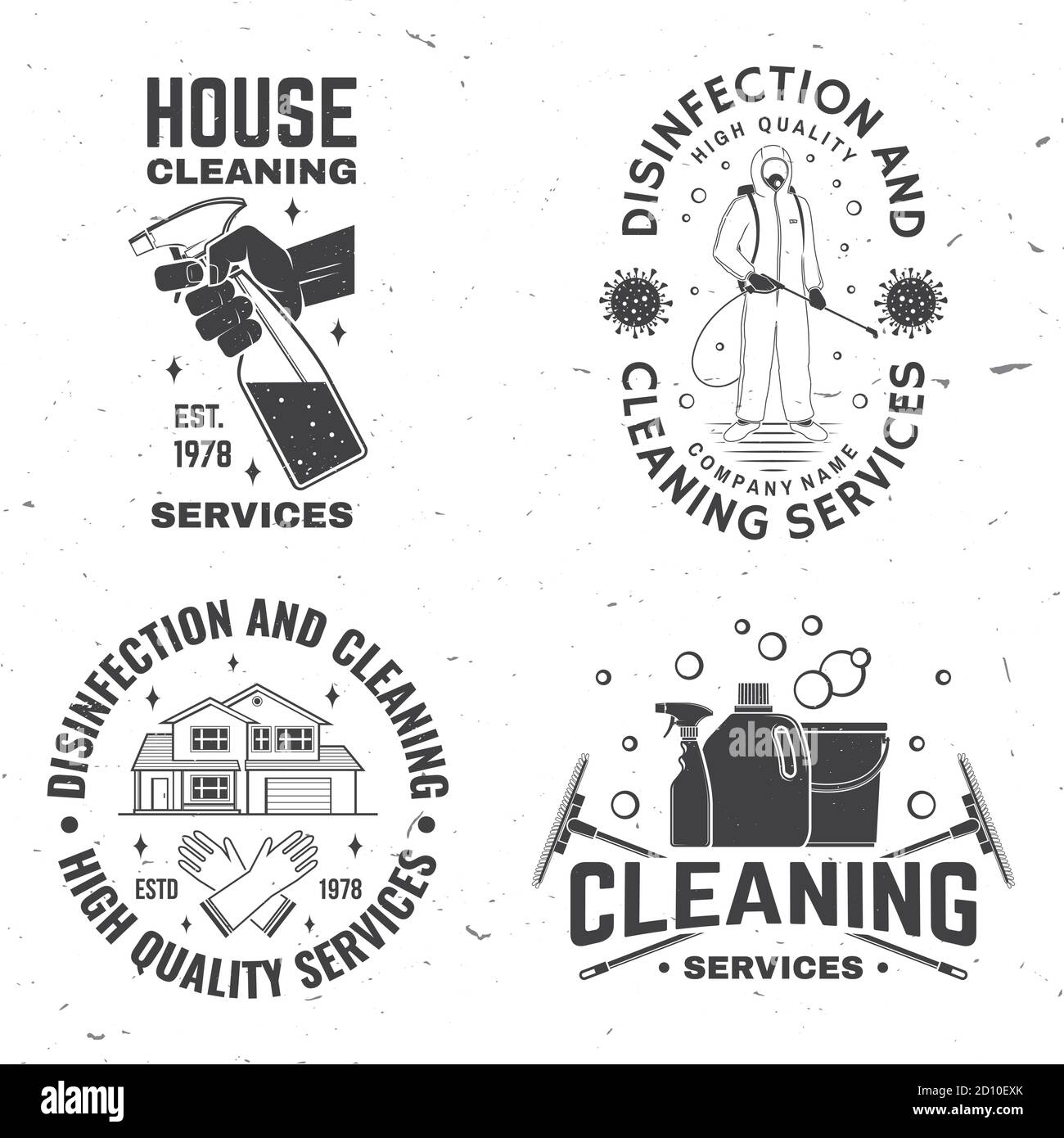 Set of Disinfection and cleaning services badge, logo, emblem. Vector. For professional disinfection and cleaning company. Vintage typography design with disinfectant and cleaning equipments Stock Vector