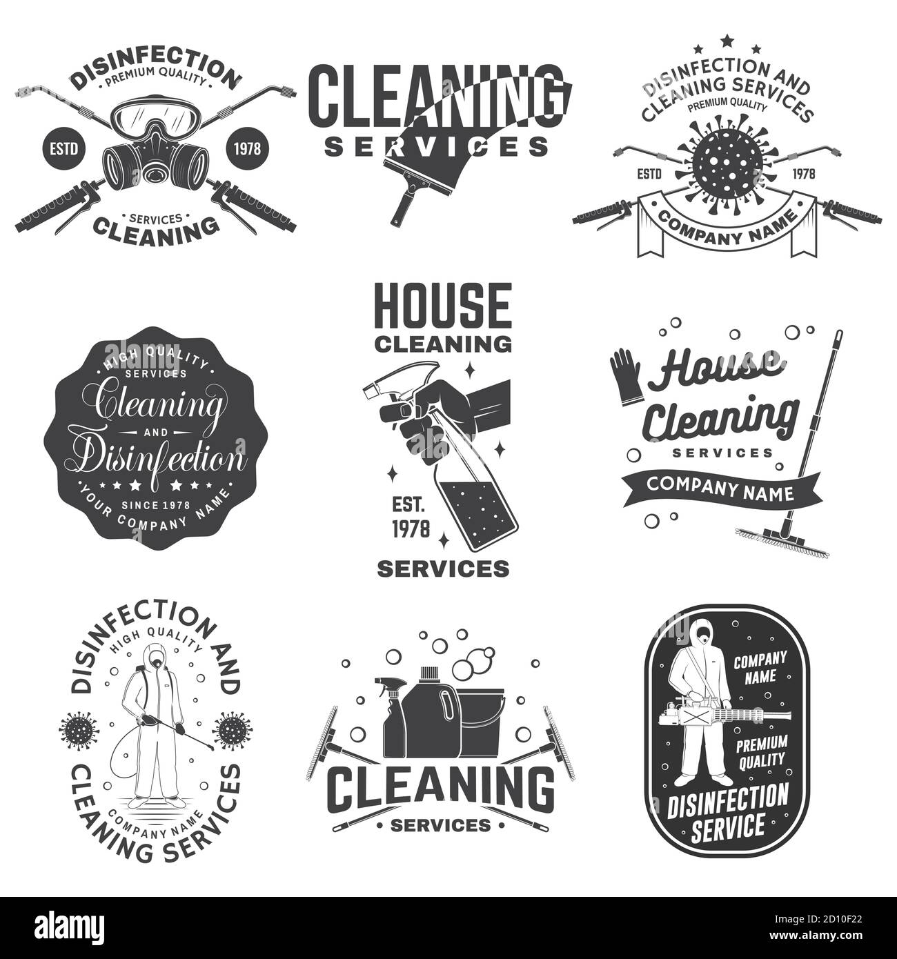 Set of Disinfection and cleaning services badge, logo, emblem. Vector. For professional disinfection and cleaning company. Vintage typography design with disinfectant and cleaning equipments Stock Vector