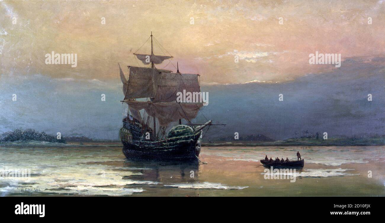 Mayflower in Plymouth Harbor by William Halsall (1882) Stock Photo