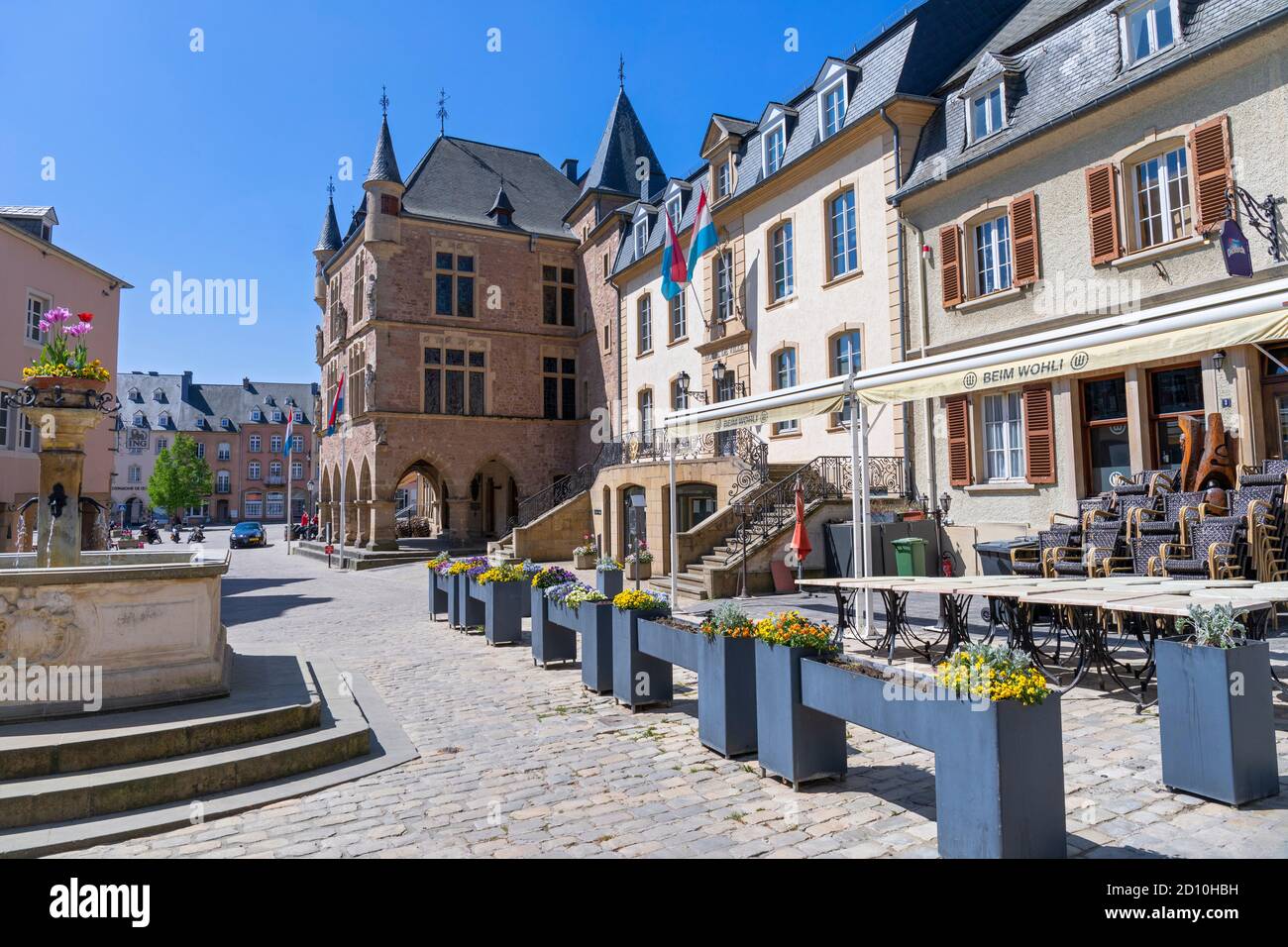 Europe, Luxembourg, Echternach, Hotel de Ville (Town Hall) with Denzelt (Gothic Courthouse Building) Stock Photo