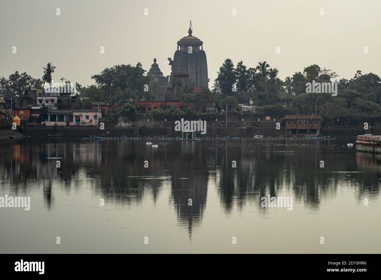 Bhubaneswar, India - February 4, 2020: View over Chitrakarini Temple and its reflection in Bindu Sagara Lake on February 4, 2020 in Bhubaneswar, India Stock Photo