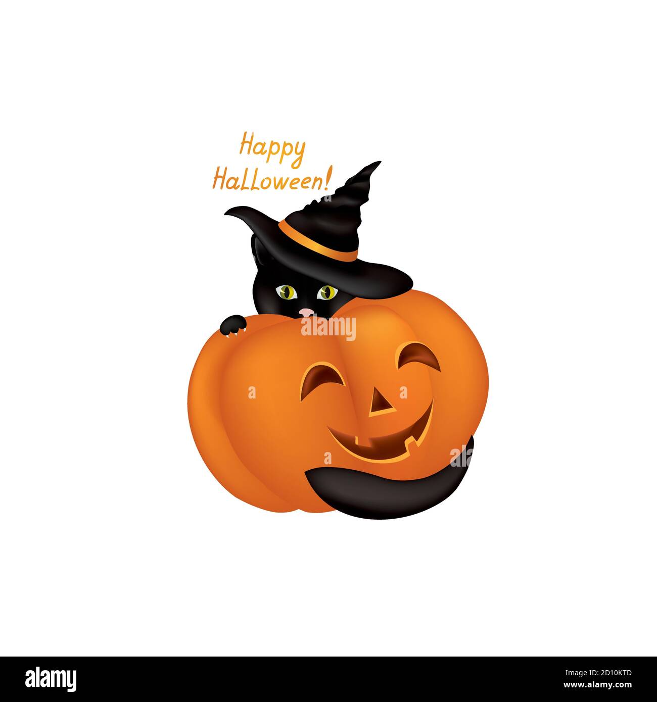 Cat in hat. Black cat looking at camera in Halloween hat. Funny holiday cartoon for greeting card Stock Vector