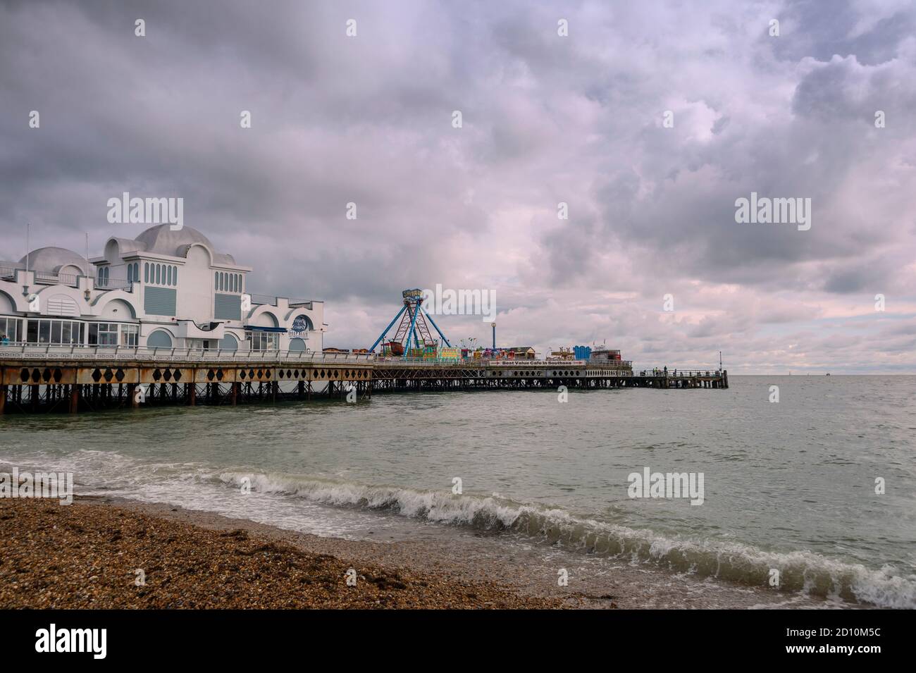 storm clouds over South Parade Pier, Southsea, UK. Traditional seaside pier in Britain. Stock Photo