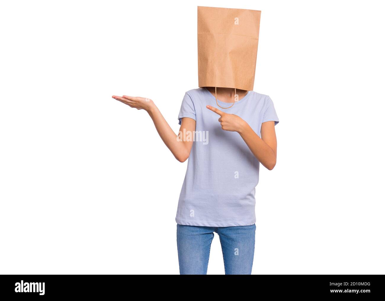 Girl with paper bag over head Stock Photo