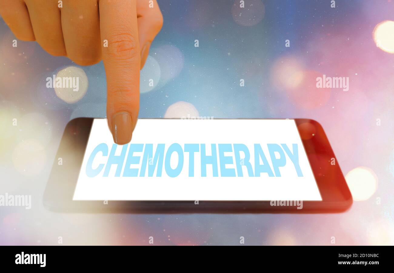 Conceptual hand writing showing Chemotherapy. Concept meaning treatment of disease used chemical substances for cancer Modern gadgets white screen und Stock Photo