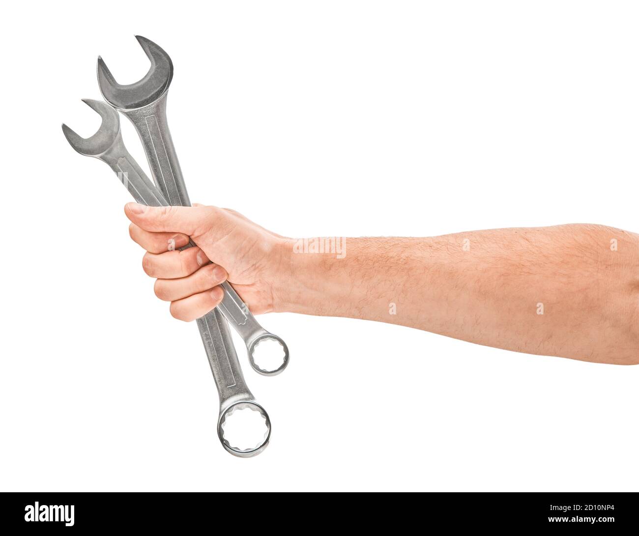 Mechanic hand hold spanner tool in hand isolated on white Stock Photo