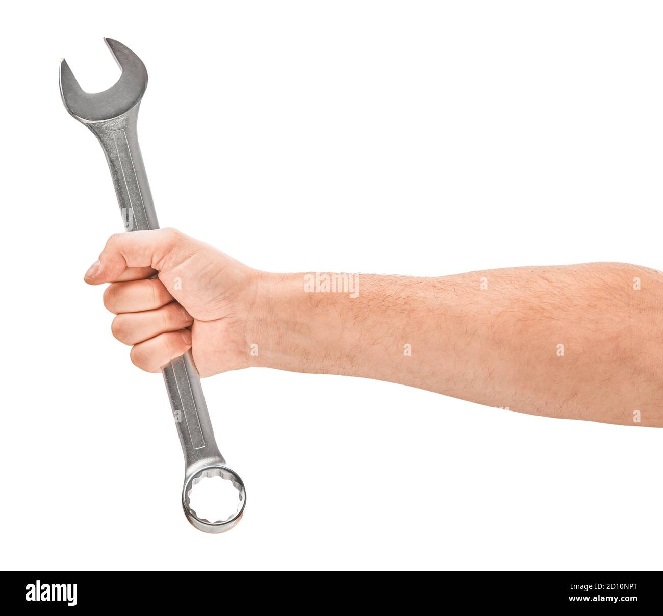 Mechanic hand hold spanner tool in hand isolated on white Stock Photo