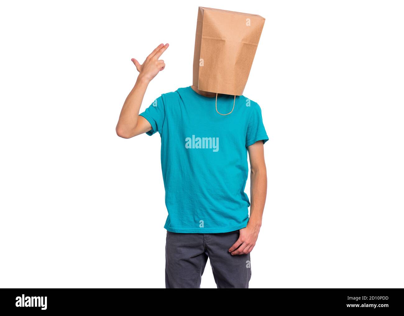 Boy with paper bag over head Stock Photo Alamy