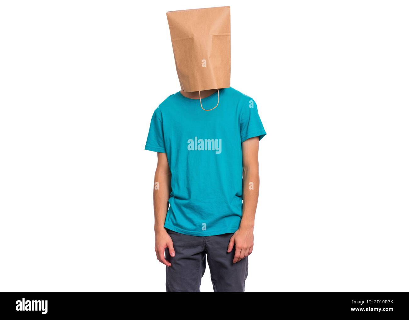 Boy with paper bag over head Stock Photo