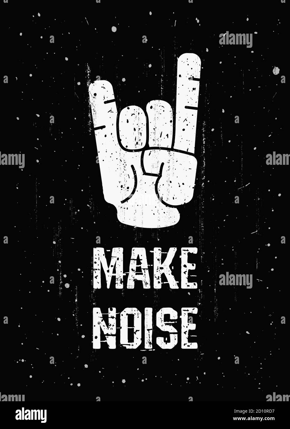Make Noise, Rock n Roll and Heavy Metal music fans, text art illustration banner. Fingers horns symbol, hand gesture, trendy design for printing. Hips Stock Photo