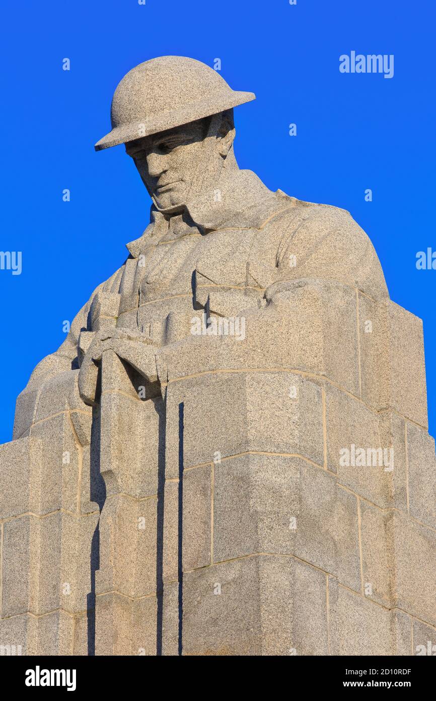 The Brooding Soldier memorial at the Saint Julien Memorial marking the 1st German gas attacks from 22-24 April 1915 in Langemark-Poelkapelle, Belgium Stock Photo