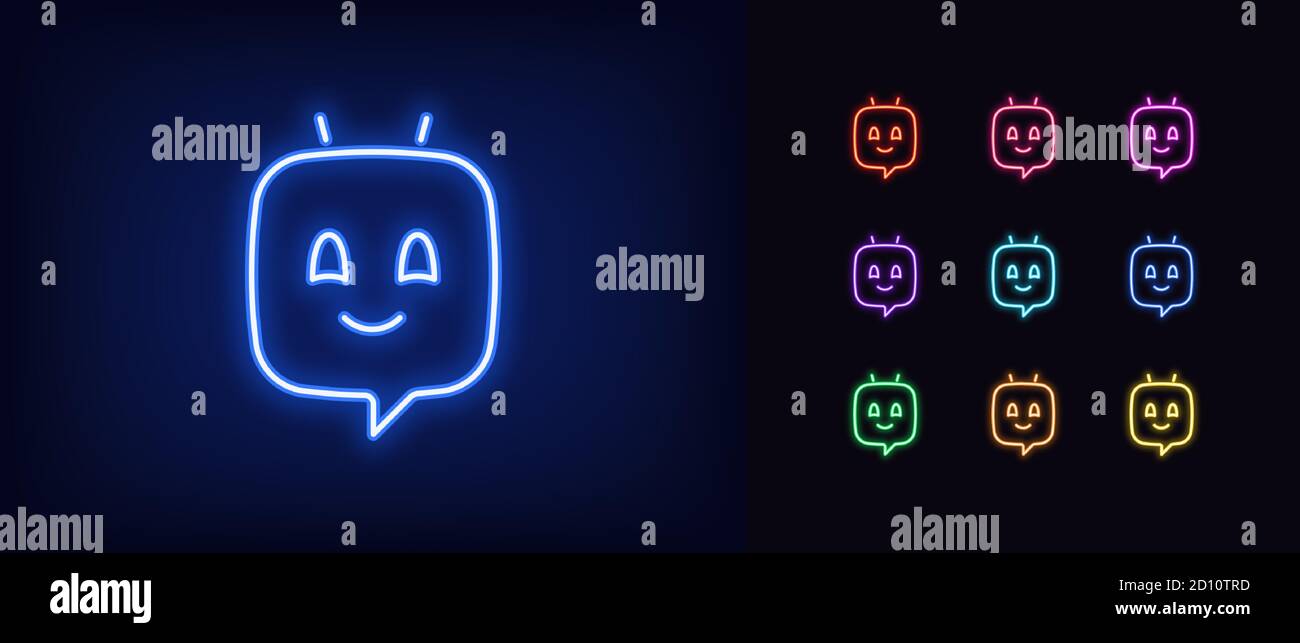 Neon chat bot, glowing icon. Neon voice assistant, virtual chatbot in shape of message bubble. Virtual sound assistant for messenger and mobile app. I Stock Vector